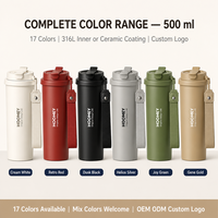 HOOMEY Tasse à café en acier inoxydable 316L 500ml, isolée sous vide, avec couvercle à paille, à boire directement, large ouverture, anti-fuite, pour voiture et bureau