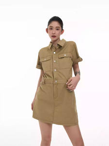 <span class=keywords><strong>Vestido</strong></span> overol de mezclilla de manga corta para <span class=keywords><strong>mujer</strong></span> con cuello para principios de otoño; <span class=keywords><strong>vestido</strong></span> holgado y adelgazante de línea A estilo coreano - Product Image 1