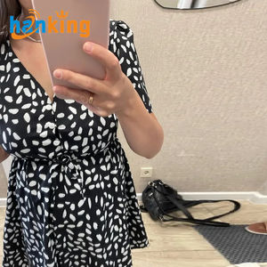 Ehanking Women's Short Sleeve V-Neck Beach Dress Female Casual <b>Spot</b> Print Ruffle Dresses Sexy Mini Dress - Product Image 6