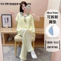 Nuage coton pyjamas femmes été doux avec coussin de poitrine pantalon à manches courtes grande taille 220 livres gros vêtements de maison décontractés