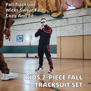 Ensemble sweat-shirt et pantalon à capuche imprimé noir et rouge pour garçons, écologique, respirant, en polyester et coton, style streetwear, printemps - Product Image 2
