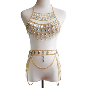 E139新款时尚女性饰品夏季性感水晶钻石上衣和裙子套装身体链女性腰带水钻内衣