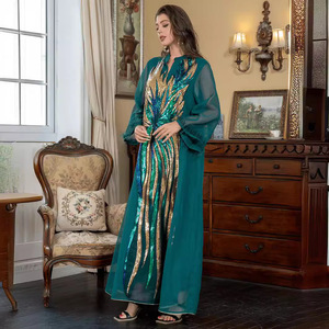 Robe longue élégante pour femme musulmane, col en V, manches longues, avec broderie de plumes et perles, en polyester, modèle SW008, pour le Moyen-Orient - Product Image 4