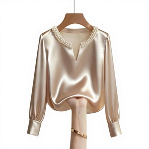 Camisa de manga larga con cuello en V de satén con perlas y cuentas, estilo francés de alta gama, para mujer, Colección Primavera 2026 de Independent <span class=keywords><strong>Site</strong></span> Wish - Product Image 1