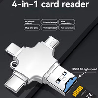Clé USB 4-en-1 à 4 ports avec lecteur de carte OTG, design métallique, transfert rapide, compatible Lightning, Type-C et Micro USB