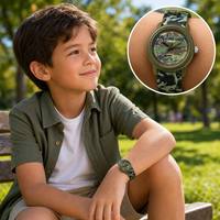 Montre à quartz unisexe avec bracelet tressé vert olive à chiffres arabes analogiques camouflage – Vente en gros