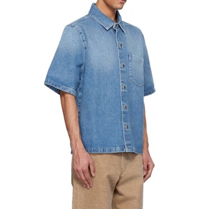 Chemise en jean bleue à manches courtes, style streetwear décontracté, vintage, boutonnée, coupe ample, chemise en jean oversize pour hommes - Product Image 5