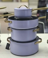 Ensemble de 7 ustensiles de cuisine en céramique de qualité supérieure, antiadhésifs, sans PFAS, en aluminium pressé, comprenant une marmite, une casserole et une poêle, avec poignées dorées, vente en gros, coffret cadeau