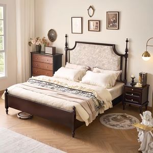 Cama Tapizada de Madera Maciza de Estilo Medieval Vintage Francés, Cama Doble/Matrimonial de 1.8m/2m - Product Image 2