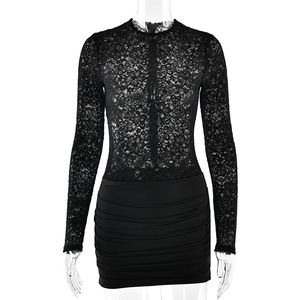 Body de encaje transparente con minifalda de cintura alta, color liso, ajuste ceñido, estilo casual para citas y urbano, poliéster FDL1958 - Product Image 5