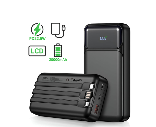 Bulk Wholesale High Capacity 20000mAh Li-Polymer Battery Power Bank PD22.5 Fast Charging with LED Display and 3 Cables