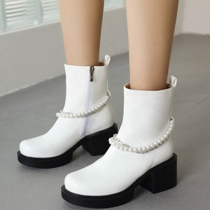 Bright Patent Leather Women Flat Short Boots Pearls Metal Chain Girl's Shoes Low Square <b>Heels</b> Big Size 45 Ankle - Product Image 3