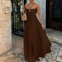 Robe longue plissée sans manches à col halter pour femme, couleur unie, style européen et américain, idéale pour les vacances à la plage