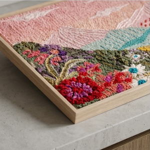 RESIN FRAME-<b>PINK</b>- Modern Textured Landscape Embroidery Art - Floral & Mountain Needlework - Framed <b>Home</b> <b>Decor</b> (21 CM X 21 CM) - Product Image 3