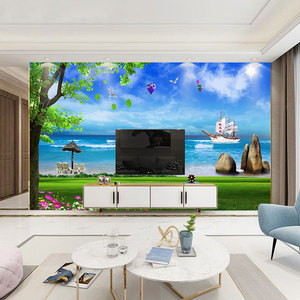 Mural de Hotel Mediterráneo, papel tapiz de cielo azul, nubes blancas y paisaje marino, papel tapiz de árbol de coco, de Hotel Fondo, tela de pared - Product Image 4