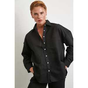 เสื้อเชิ้ตผ้าลินินโอเวอร์ไซส์สีดำสำหรับผู้หญิง สไตล์บอยเฟรนด์ กระดุมแบบไม่สมมาตร ใส่ได้ทุกวัน - Product Image 4