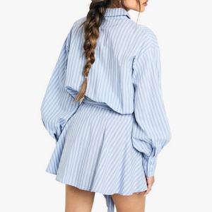 Nouvelle arrivée, robe chemise rayée légère pour femmes, robe courte ample à manches longues avec ceinture à nouer à la taille - Product Image 2