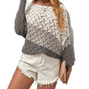 Suéter de Manga Larga con Bloques de Color y Diseño Calado Transpirable, Suéter Versátil con Cuello Redondo, Top Delgado y Moderno para Mujer para Primavera y Otoño - Product Image 3