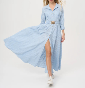 Vestido largo liso azul claro para mujer, solapa, cinturón con hebilla dorada de un solo pecho, 100% de algodón, elegante, Vintage, informal - Product Image 1