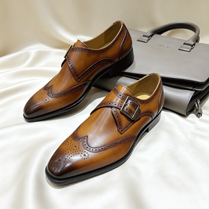 Classic British Style <strong>Men's</strong> <strong>Tan</strong> Single Monk Strap Shoes Wingtip <strong>Brogue</strong> Genuine Leather Dress Shoes Design OEM/ODM Available - Product Image 2