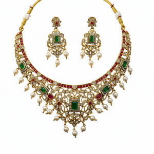 <b>Gold</b> Plated Alloy Zircon Kundan Bridal Ethnic Wedding Engagement Anniversary Gift Party Jewelry <b>Set</b> Choker Necklace Drop - Product Image 2