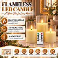 Lot de 3 bougies LED sans flamme réalistes, avec télécommande et minuterie, couvercle en verre transparent, effet scintillant, alimentées par piles, pour Noël, mariages, maison