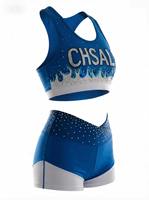 Kaos & Atasan Berhias Rhinestone Kustom Berkilau Desain Kustom Biru Mengkilap Pakaian Latihan Cheerleading Celana Pendek 2 Set Seragam