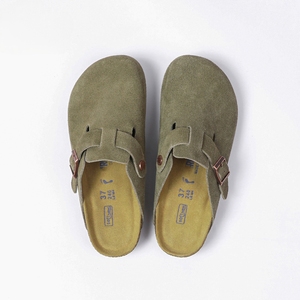 Sandales plates d'extérieur tendance en daim et liège, mules sabots avec semelle intérieure en liège massif, style Birkenstock allemand - Product Image 1