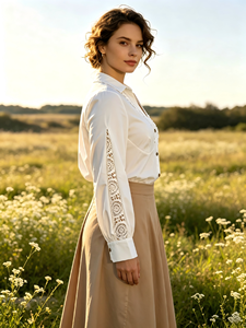 Blusa de Manga Larga con Ribete de Encaje Blanco para Mujer, Ideal para el Trabajo, Salidas Informales y Té de la Tarde - Product Image 3