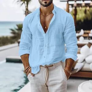 Camicia in Cotone e <span class=keywords><strong>Lino</strong></span> da Uomo, Stile Estivo da Spiaggia, Tinta Unita, Monopetto, Traspirante, Leggera ed Elegante con Bottoni - Product Image 2