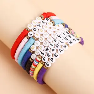 New Hot Taylor Swift Fan Bracelets Colorful Polymer Clay initial Letter Beads Elastic Bracelets Custom Name Words Bracelets