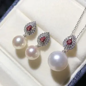 JW019 9-12mm Set Perhiasan untuk Wanita, Set Perhiasan DIY Alami Asli Mutiara Air Tawar 925 Perak Murni Berlapis Emas