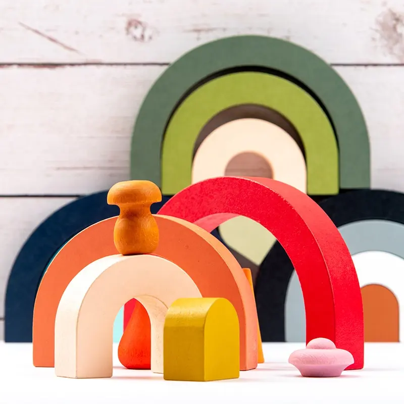 북유럽 어린이 반 라운드 3d 장식품 아기 퍼즐 무지개 빌딩 블록 스태킹 높은 장난감