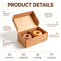 Boîte en papier kraft à couvercle rabattable, MOQ flexible, fentes personnalisées, carton mat, impression couleur, emballage pour pâtisserie pour boutique de beignets