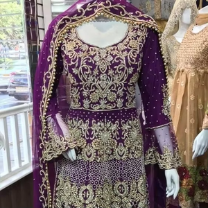 2019 elegante púrpura indio/paquistaní Anarkali vestido lápiz pantalón bordado pesado trabajo de talla grande ropa de fiesta de boda para mujer - Product Image 4