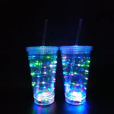 Modieuze Multi Color Led Dubbeldeks Tumbler Cups Met Deksel Stro 16Oz Voor Party Bar Flash Led Gloeiende Dubbele-Laag Stro Cup