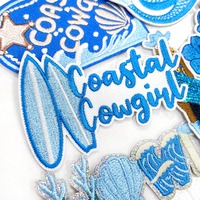 Parche de chenilla 'Cowgirl Costera' con aplique de concha marina y sirena, bordado de lentejuelas azules, de tela de fieltro no tejido, termoadhesivo para trajes de baño