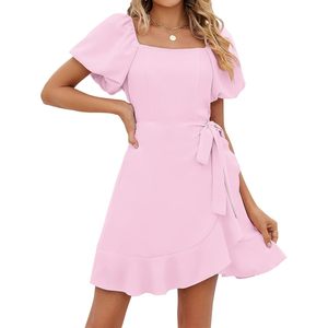 FOXA Womens Summer Dress Square <b>Neck</b> Puff Sleeve <b>Tie</b> Waist A-Line Casual Short Dress Breathable Woven Fabric Daily Wear - Product Image 2