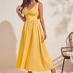 2025 Vintage da donna in <span class=keywords><strong>cotone</strong></span> intrecciato in tinta unita con lunghezza Midi abito Casual Sexy profondo con scollo a V abito da donna giallo chiaro - Product Image 4