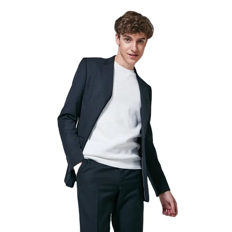 Custom High Quality Casual Fashion Boy Men Clothing Breathable Wool Polyester Black Coat Pant Two Piece Suit Set