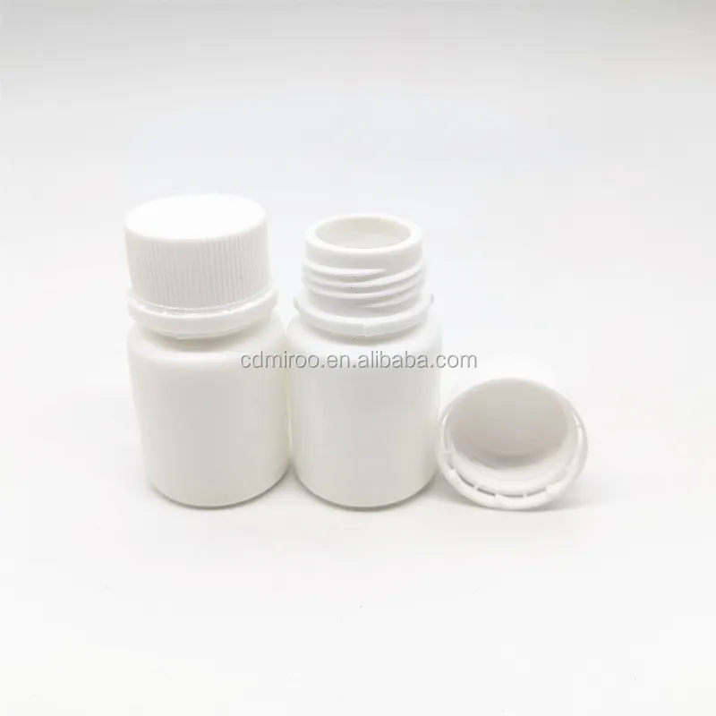 Botellas de plástico HDPE para pastillas, cápsula de plástico a prueba de manipulaciones, tapón de rosca con sellador, 20cc