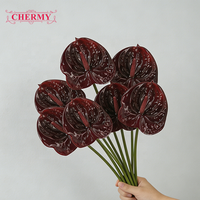DC182 Bunga Anthurium Latex Buatan Berkualitas Tinggi Hasil Cetak 3D Warna Merah Tua untuk Dekorasi Vas Meja Pernikahan