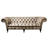 Elegante Sofá Chesterfield de 3 Plazas, Cuero Genuino, Clásico con Botones, Mueble de Sala de Estar de Lujo, Diseño Vintage