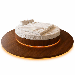 High Quality Luxury Round Platform <b>Bed</b> with <b>LED</b> Light Walnut Veneer MDF Hotel Villa Bedroom Furniture Easy Assembly - Product Image 1