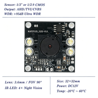 OEM 1080P WDR Low Light Pinhole Camera Module 32x32mm 4-in-1 Hybride AHD TVI CVBS Schakelbaar voor Video Intercom