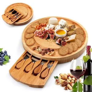 Bandeja redonda de madera de bambú, juego de tabla de queso con cubiertos, cajón deslizante, tabla de cortar queso, gran oferta de Amazon, venta al por mayor