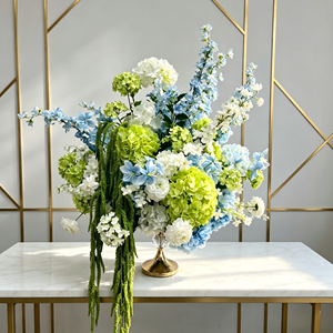 Boule de composition <span class=keywords><strong>florale</strong></span> LUYI la plus populaire pour événements, 50-60 cm, grande, bleu-vert mélangé, hydrangea artificiel, centre de table pour autel - Product Image 6