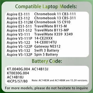 11.1V AC14B18J AC14B13J แบตเตอรี่แล็ปท็อปสำหรับเอเซอร์ Aspire ES1-511 ES1-512 V3-111P CB3-531 311 <span class=keywords><strong>TravelMate</strong></span> B115 B116 MS2394 - Product Image 2