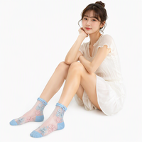 Kaos Kaki Wanita Jala Kristal Transparan dengan Bordir Bunga 3D