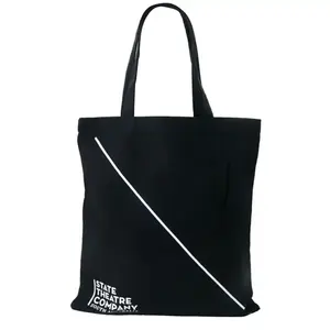 Tas belanja lipat kustom tas Tote kanvas katun hitam organik dengan pegangan Logo cetak kustom